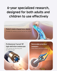 Specialized bebird ear cleaning tool with snake-shaped lens sleeve, high-definition endoscope, and precision tweezers on a light gray background.