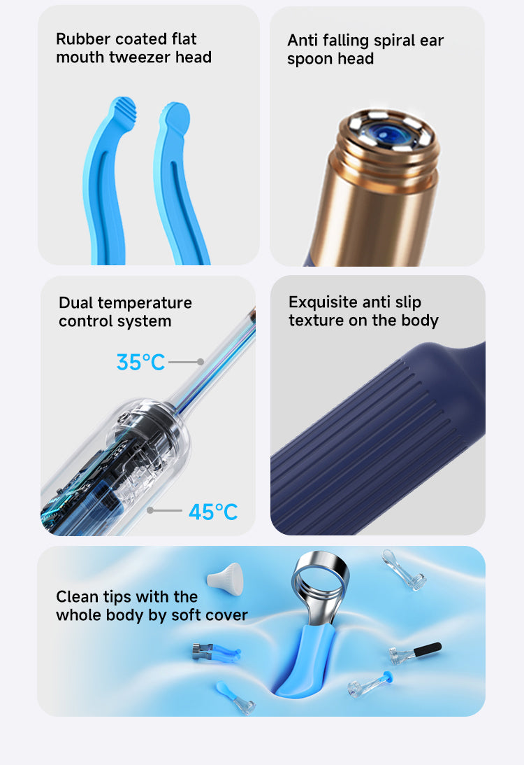 bebird ear cleaner Product features including rubber-coated flat mouth tweezer head, anti-falling spiral ear spoon head, dual temperature control system, and anti-slip texture on the body.