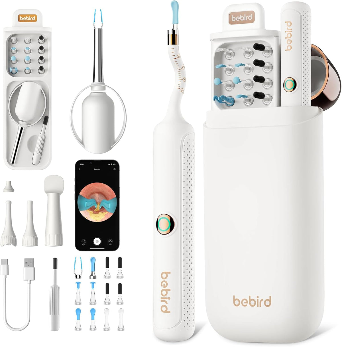 Bebird ear care product set with device, app, and accessories on a white background