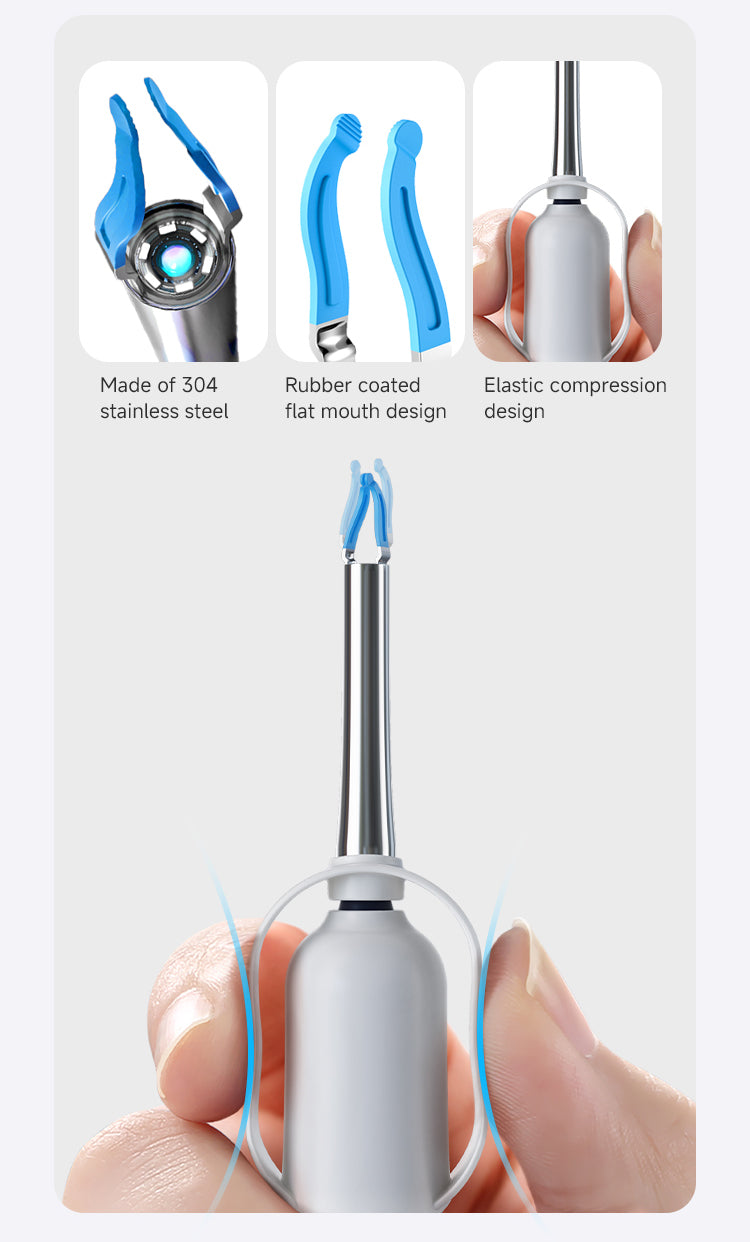 Bebird Ergonomic ear cleaner tool with blue accents held by a hand, featuring text on material and design.