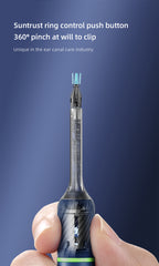 bebird note5 pro ear cleaner tool with text about Suntrust ring control push button on a blue background