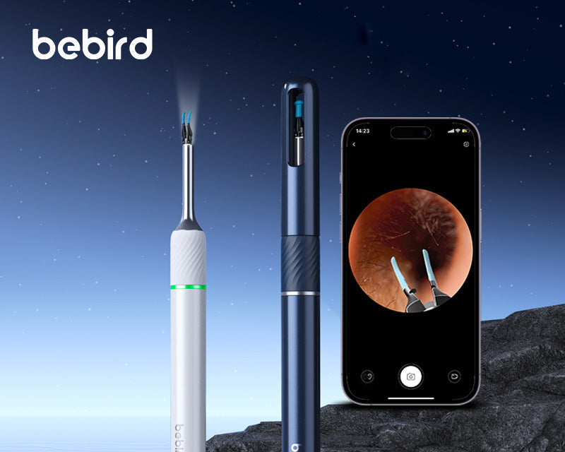 Bebird electric ear cleaner and smartphone displaying pic inside the ear in app