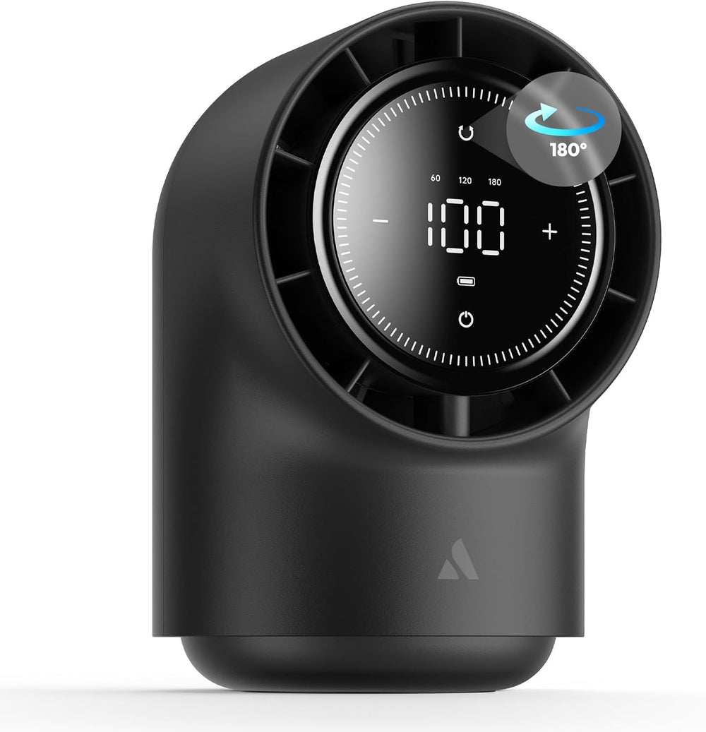 Black  desk fan with digital display on a white background