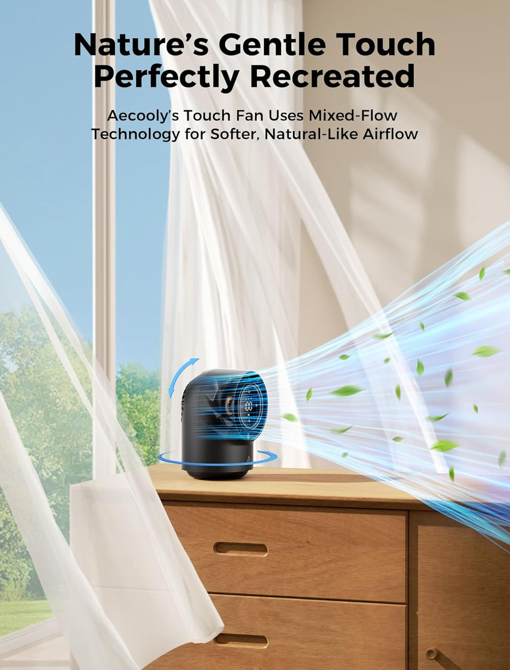 Aecooly touch fan on a wooden surface with window in the background, promoting natural-like airflow.