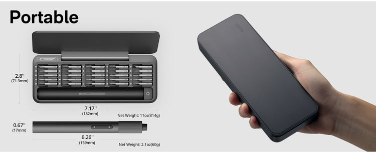 Portable screwdriver set with dimensions and a hand holding a black phone case.