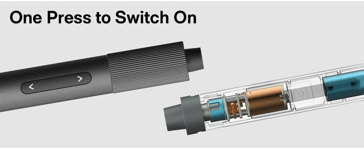 Vape pen with one press switch mechanism on a gray background