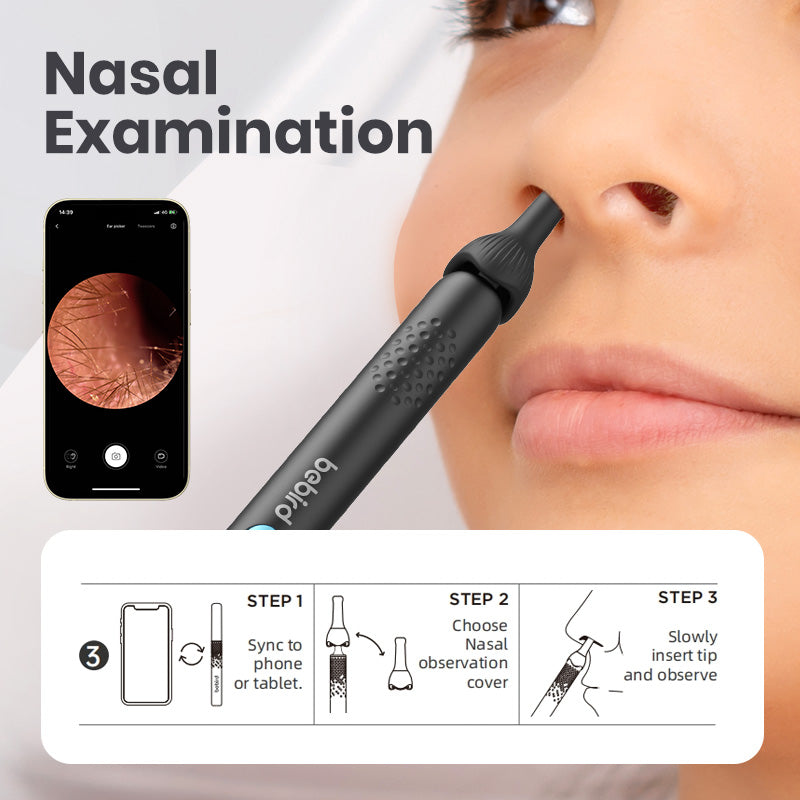 Nasal examination tool with smartphone app displaying nasal view, step-by-step instructions, and close-up of tool on a person's nose.