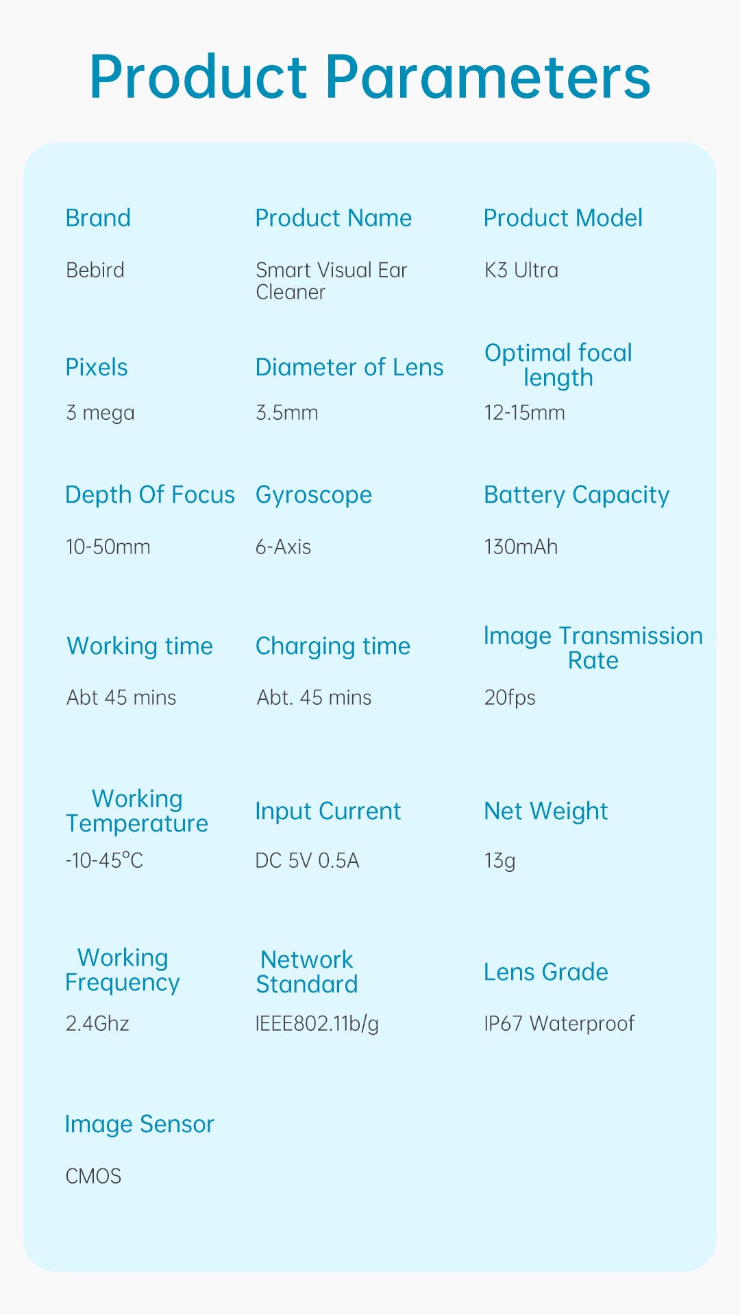 Product parameters table for a smart visual ear cleaner with detailed specifications.