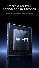 Wi-Fi device with 'Wi-Fi' text on a dark background, promoting smart WAN Wi-Fi connection.