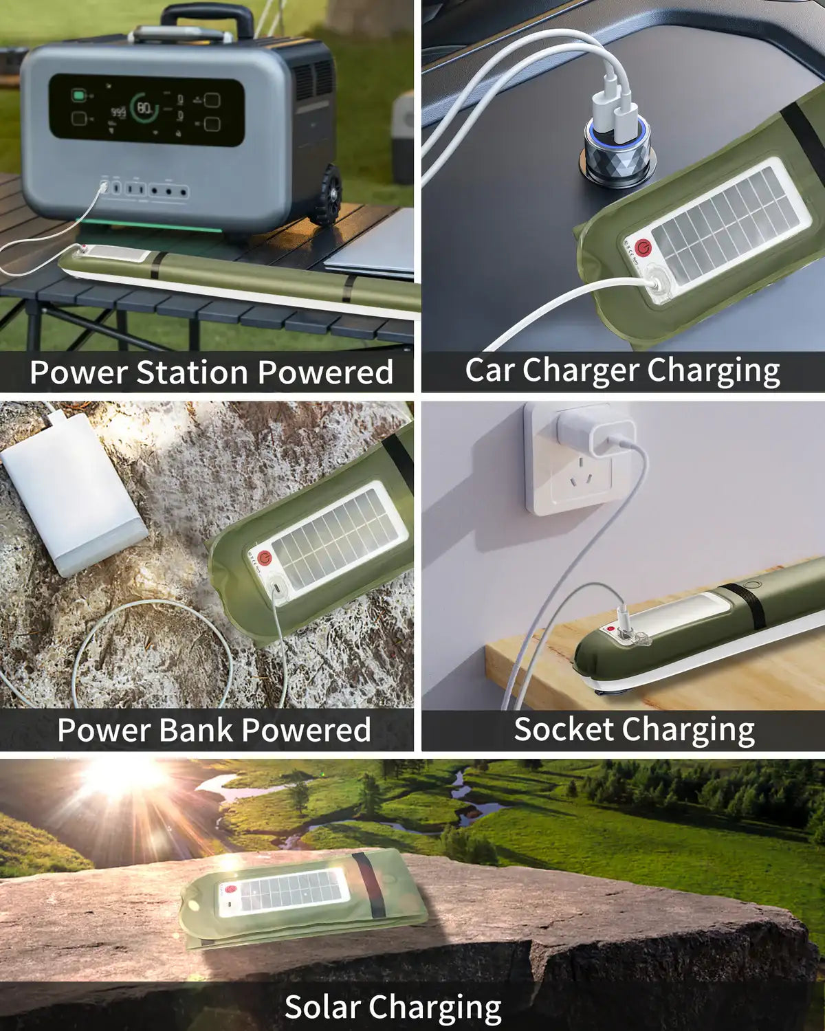 Collage of a power station, car charger, power bank, socket, and solar panel charging scenarios.