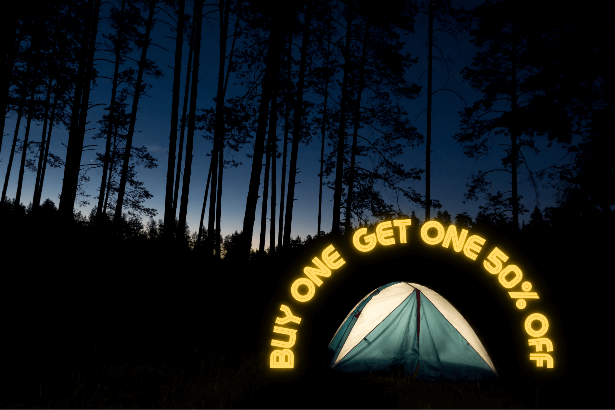 Camping tent with glowing neon sign in a forest at night