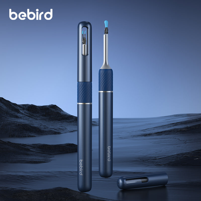 Blue electronic ear cleaning device with 'bebird' branding on a dark background