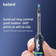 Ear canal cleaning tool held by a hand with 'bebird' branding on a blue background