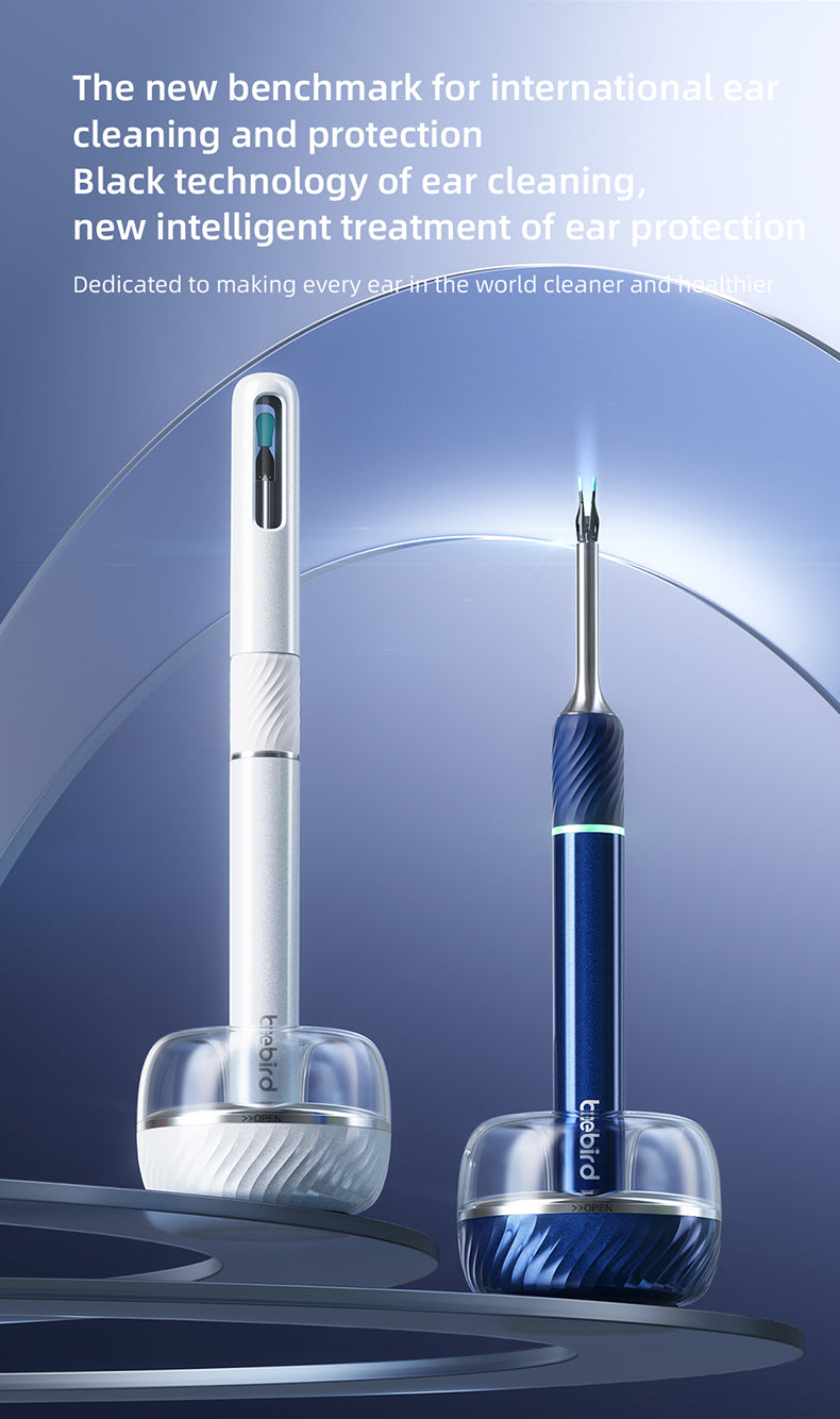 Two ear cleaning tools on a blue background with promotional text about ear cleaning technology.