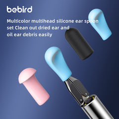 Multicolor multihead silicone ear spoon set with 'bebird' branding on a blue background