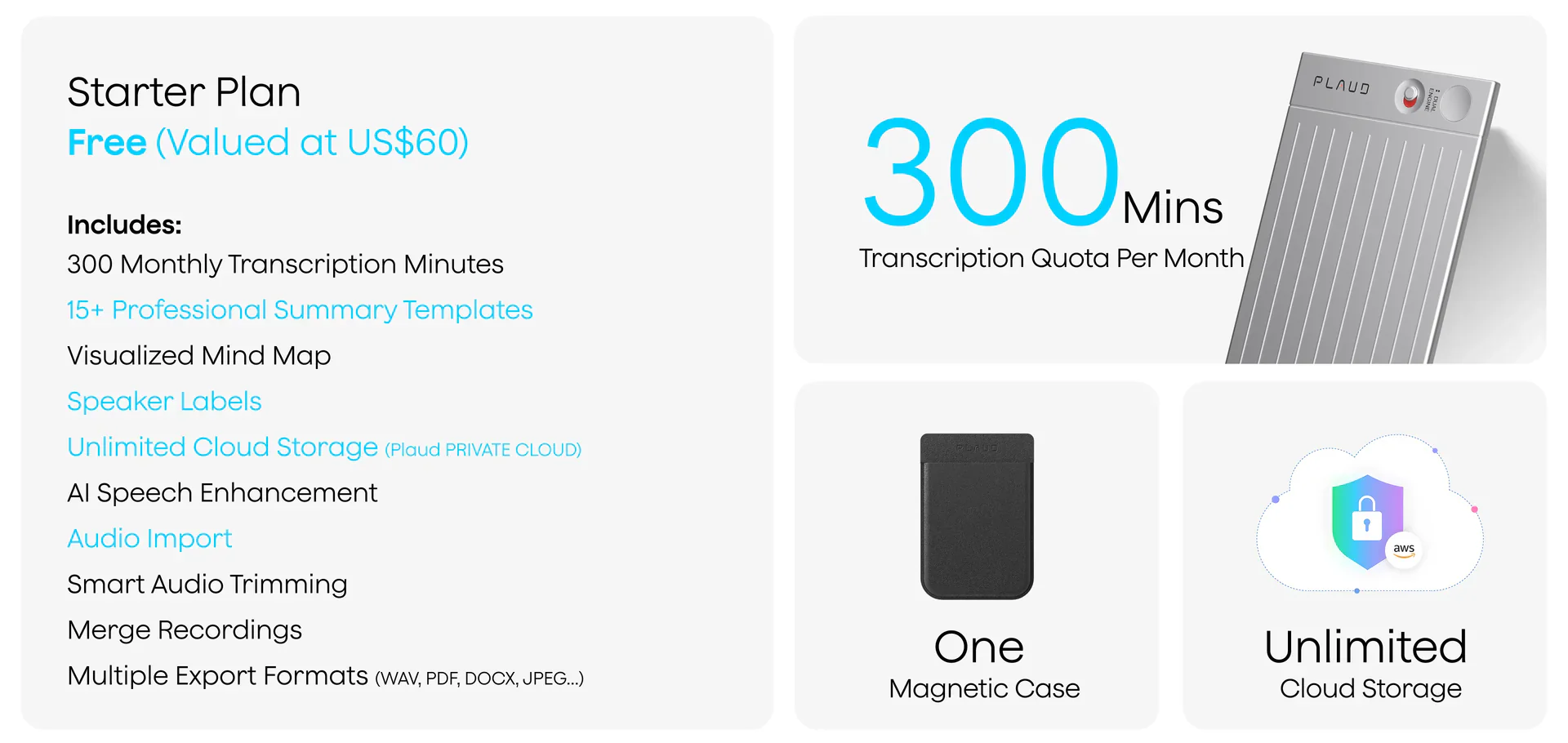 Plaud Starter plan details with features and benefits on a white background